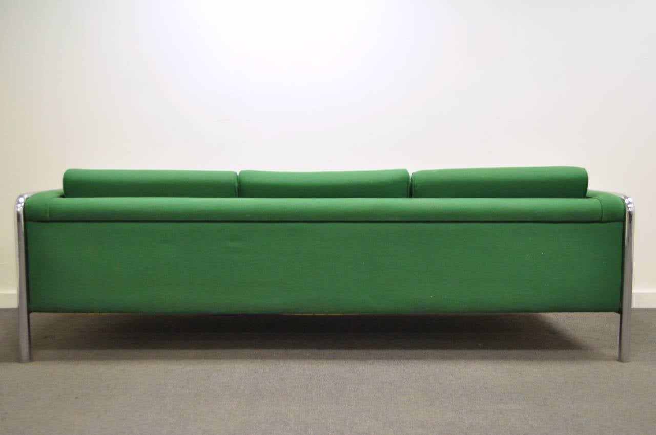 20th Century Mid Century Modern Tubular Chrome Frame Green 3 Seat Sofa after Milo Baughman