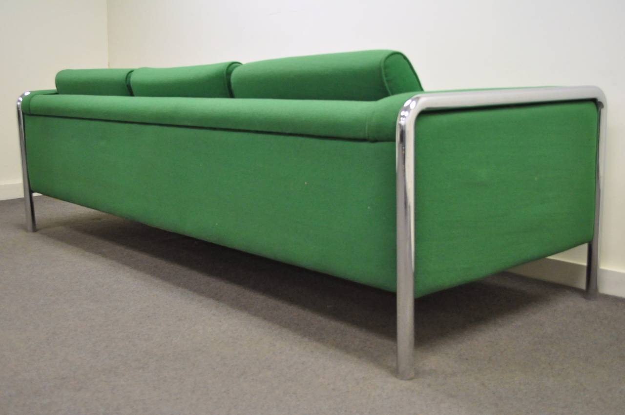 Unique, Vintage, Mid Century Modern 3 Seater Tubular Chrome Frame Sofa after Milo Baughman. Sofa features a great modernist form with rounded chrome arm / leg accents and great over all style.
