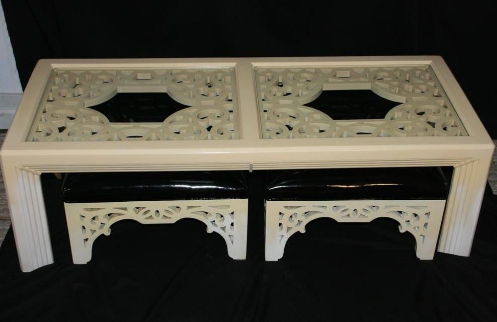 20th Century Hollywood Regency Chinoiserie Coffee Table with Tufted Stools