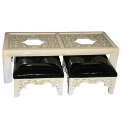 Hollywood Regency Chinoiserie Coffee Table with Tufted Stools