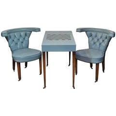 Vintage Blue Leather Game Table Set with Pair of Tufted Cock Fighting Chairs in the Ed Wormley Dunbar Style