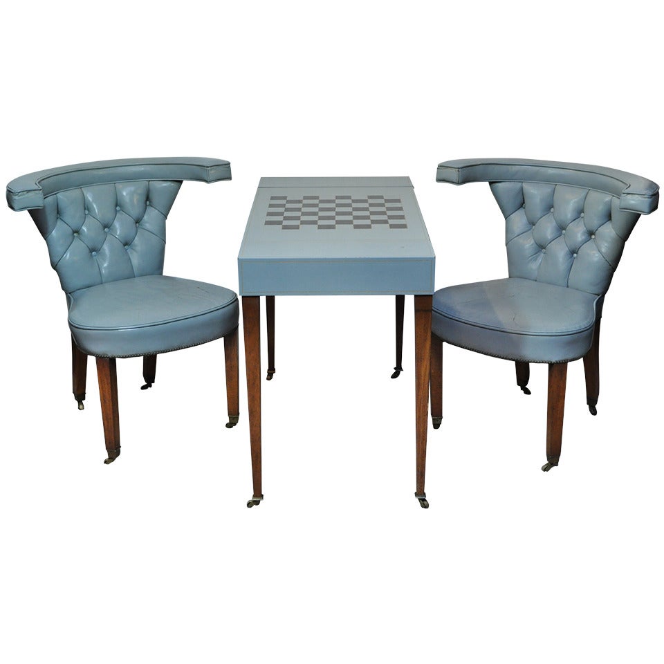 Blue Leather Game Table Set with Pair of Tufted Cock Fighting Chairs in the Ed Wormley Dunbar Style