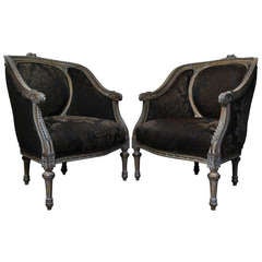 Pair of French Louis XVI Style Carved 
Distress Painted Bergere Chairs