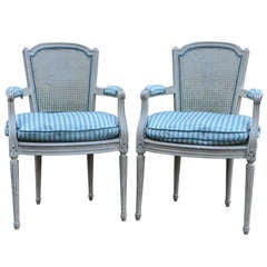Vintage Pair of French Louis XVI Style Distress Painted Cane Armchairs - Fauteuils