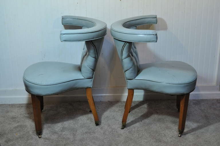 Mid-Century Modern Blue Leather Game Table Set with Pair of Tufted Cock Fighting Chairs in the Ed Wormley Dunbar Style