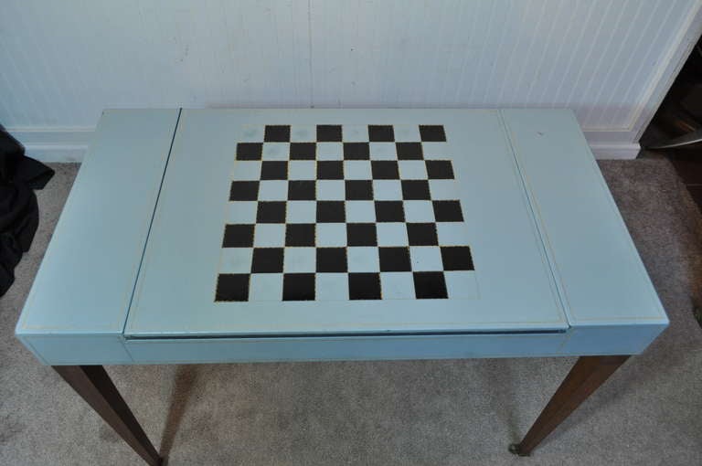 20th Century Blue Leather Game Table Set with Pair of Tufted Cock Fighting Chairs in the Ed Wormley Dunbar Style
