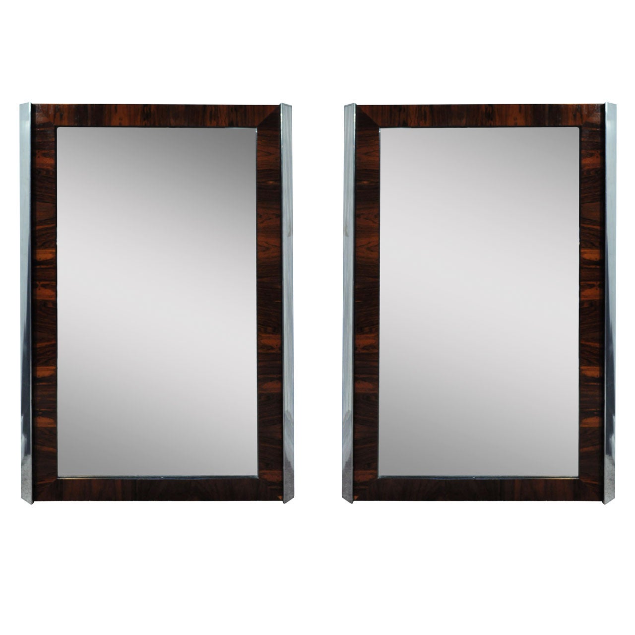 Pair Mid Century Modern Rosewood & Chrome Frame Modernist Wall Mirrors attr. Ed Wormley