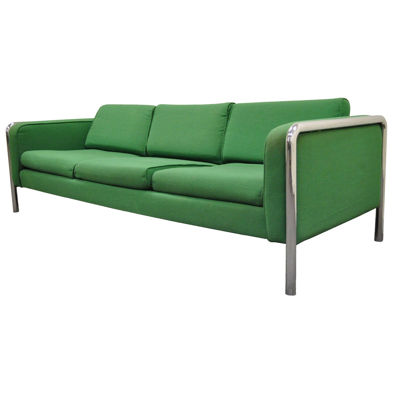 Mid Century Modern Tubular Chrome Frame Green 3 Seat Sofa after Milo Baughman