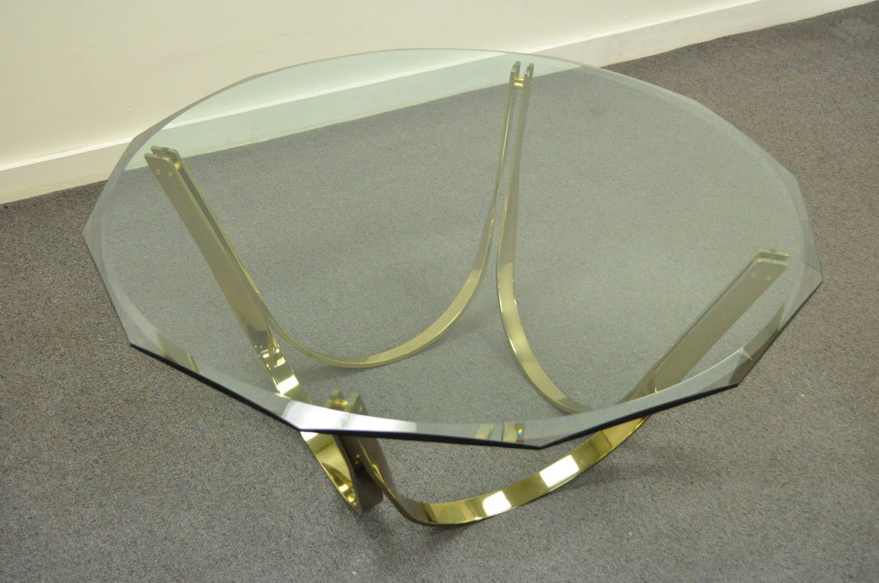 Mid-Century Modern Trimark Brass Plated Steel & Glass Coffee Table after Roger Sprunger for Dunbar For Sale