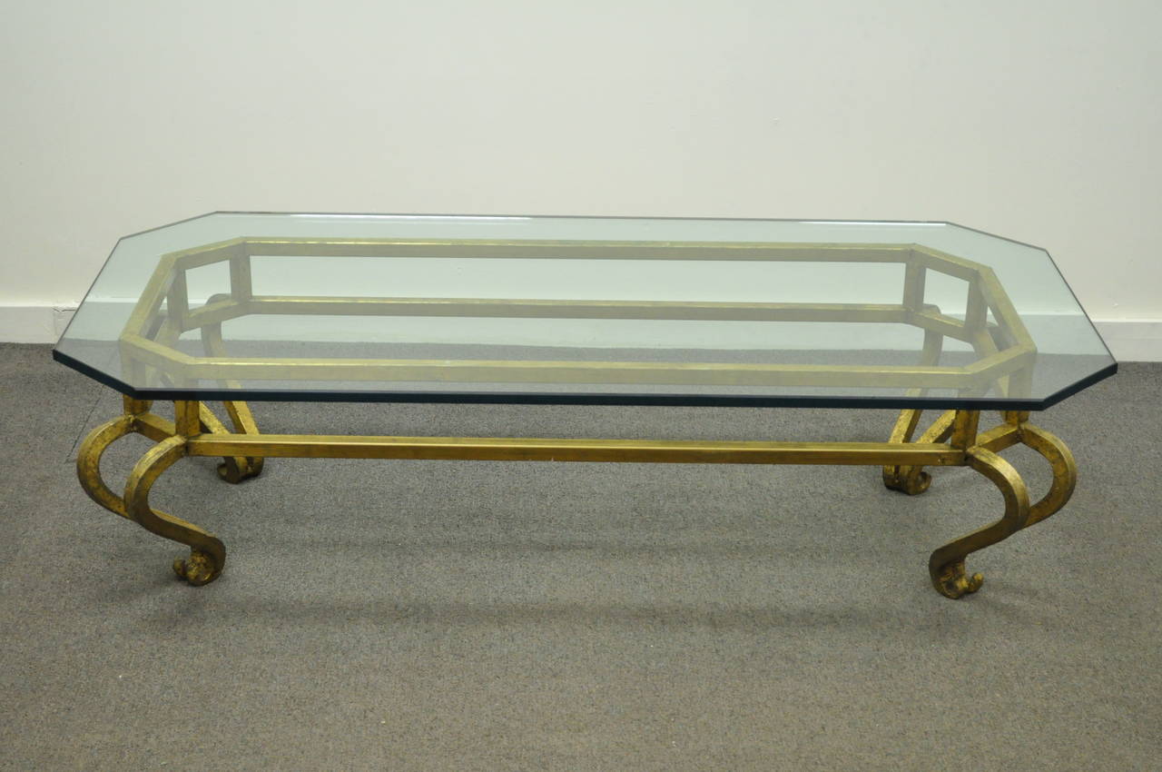20th Century Vintage Arturo Pani Style Gold Gilt Iron & Glass Hollywood Regency Coffee Table  For Sale