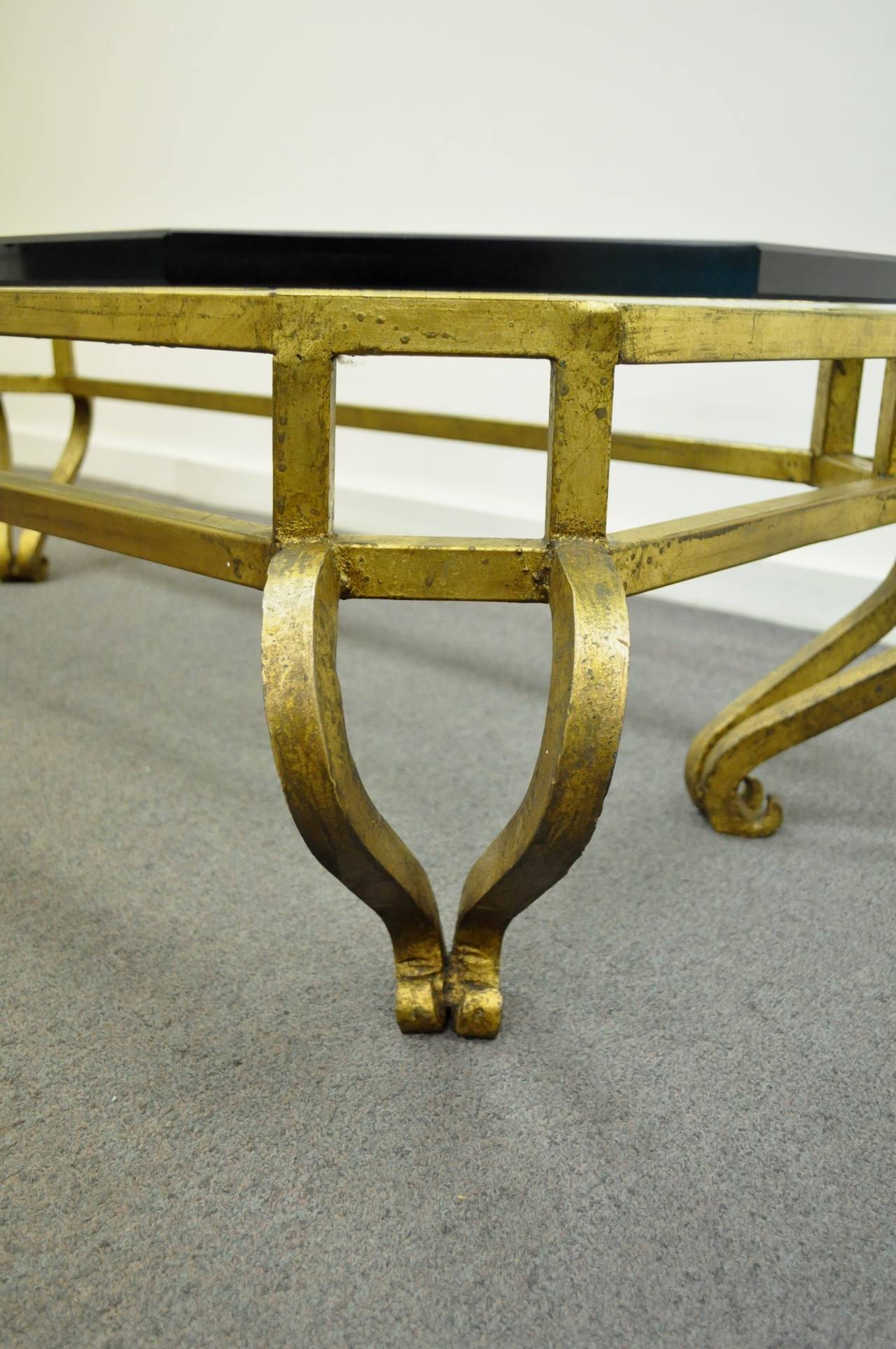 Mexicain Table Basse Vintage de Style Arturo Pani en Fer Doré et Verre Hollywood Regency