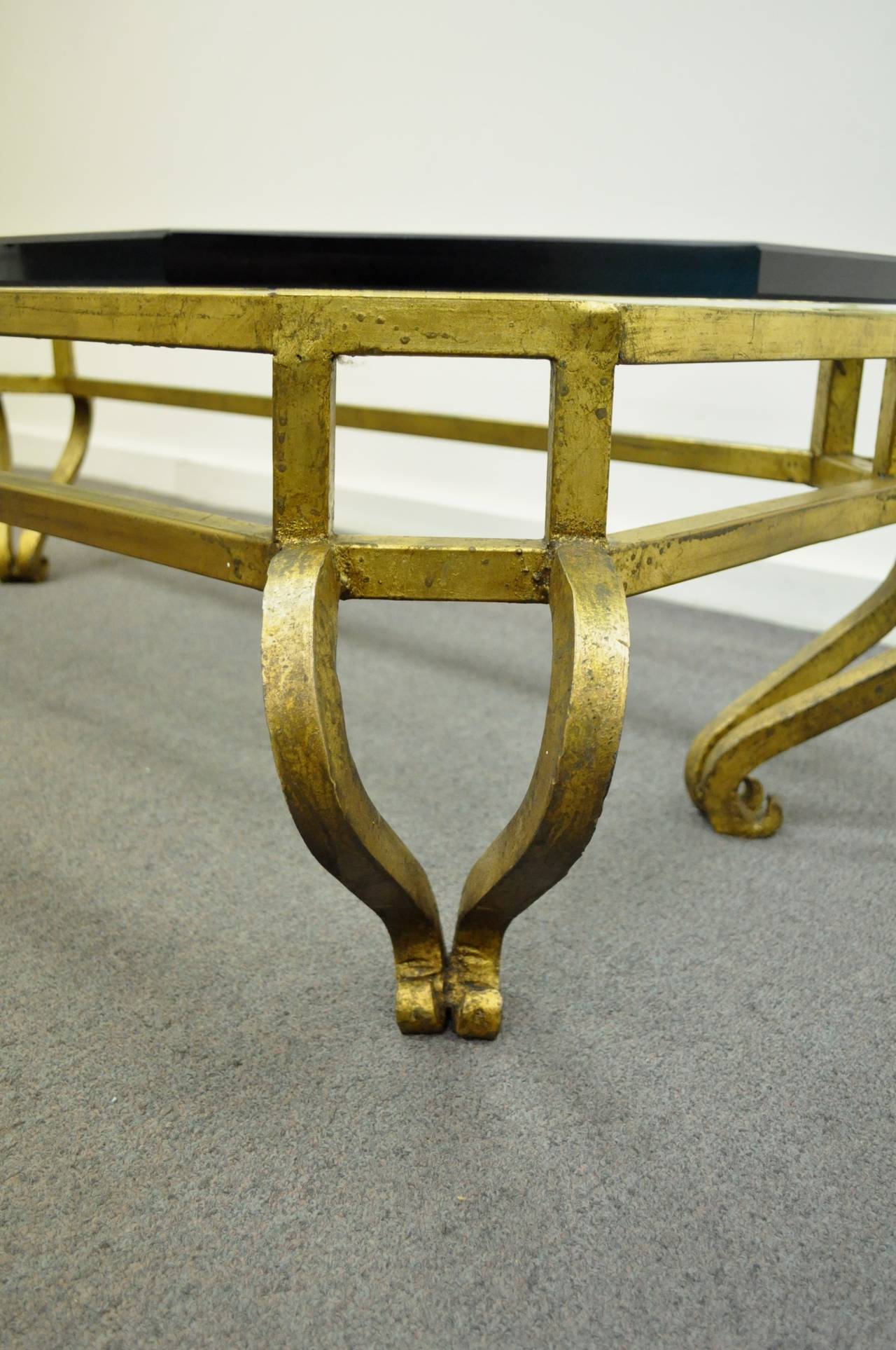 Mexican Vintage Arturo Pani Style Gold Gilt Iron & Glass Hollywood Regency Coffee Table  For Sale