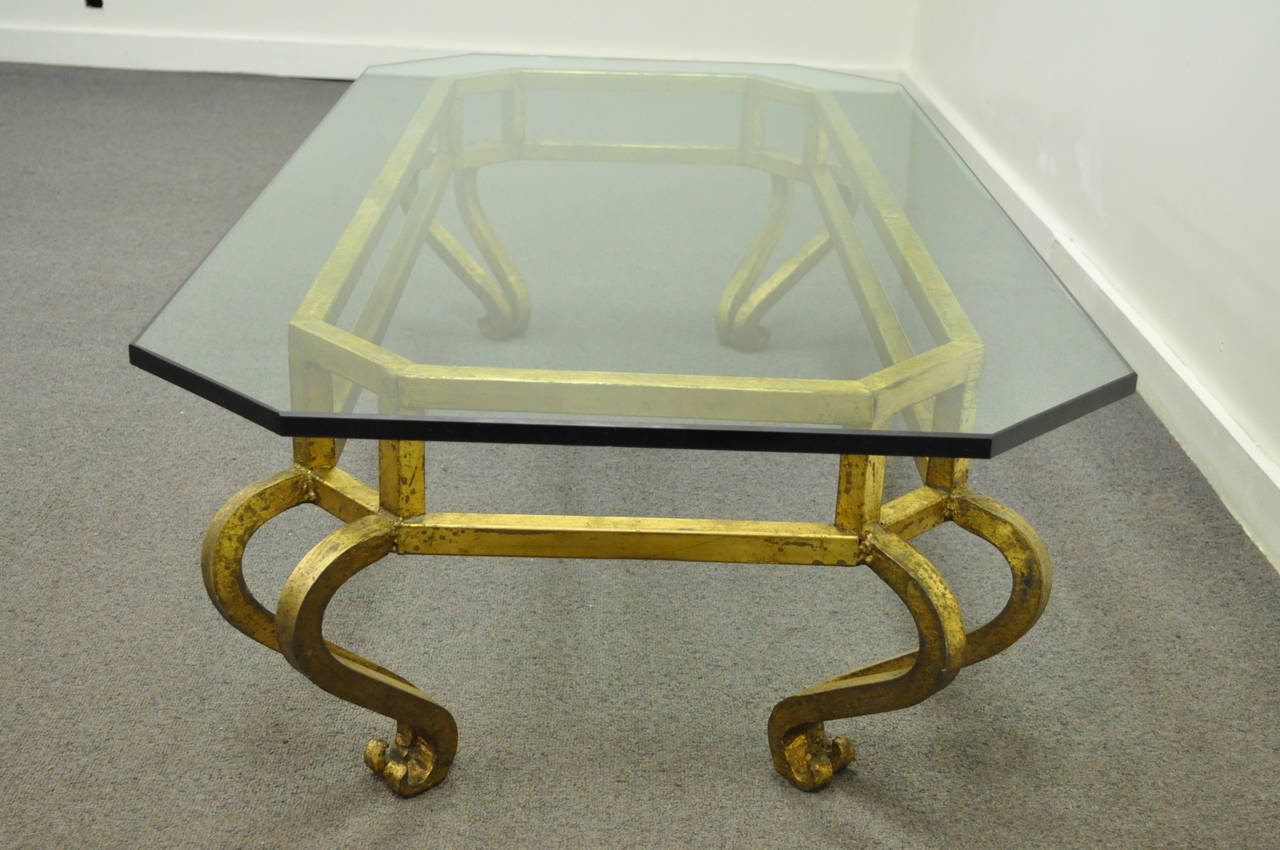 Vintage Arturo Pani Style Gold Gilt Iron & Glass Hollywood Regency Coffee Table  In Good Condition For Sale In Philadelphia, PA