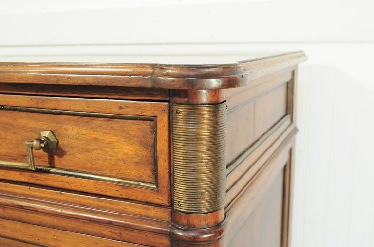 Beautiful solid walnut French Louis XVI Style Tall Chest/Dresser with bronze mounts in the Maison Jansen style. This custom vintage chest features heavy solid wood construction, 6 dovetailed drawers, bronze banded border on each drawer, as well as