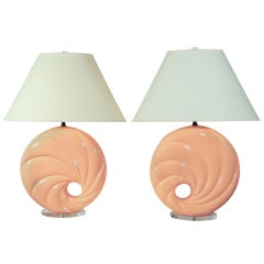 Hollywood Regency 1980s Pink Swirl Shell Form Ceramic & Lucite Round Table Lamps