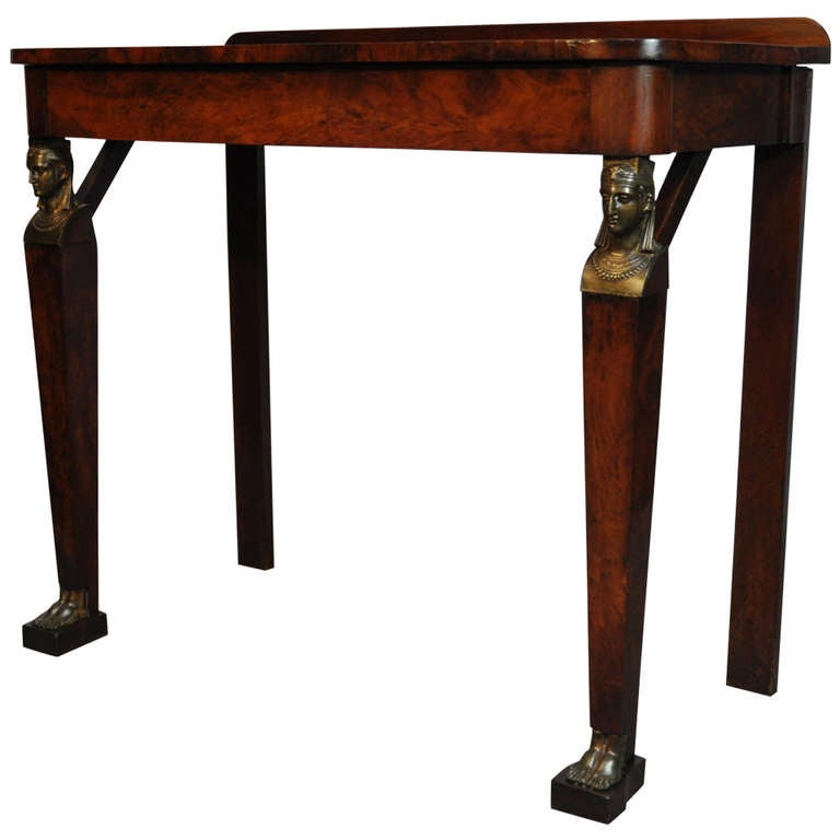 19th Century French Empire Figural Flame Mahogany One Drawer Console Hall Table For Sale