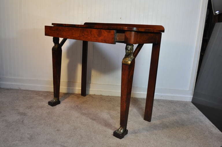 Metal 19th Century French Empire Figural Flame Mahogany One Drawer Console Hall Table For Sale