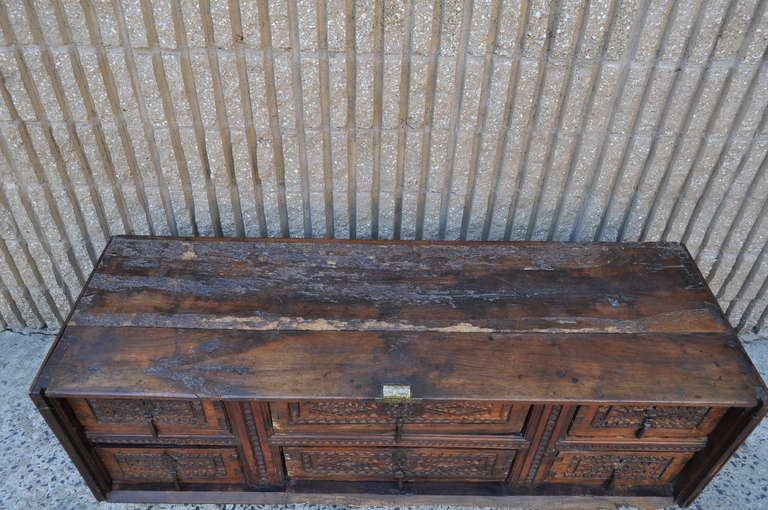 Wood 19th C. Spanish Revival Heavily Distressed Carved & Dovetailed Console / Credenza