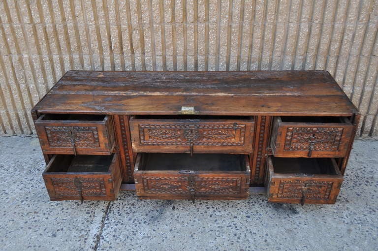 19th C. Spanish Revival Heavily Distressed Carved & Dovetailed Console / Credenza 3