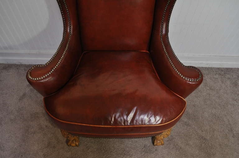 Superior 20th C. Brown Leather Ball and Claw Foot Wing Back Library Armchair with Nailhead Trim In Good Condition In Philadelphia, PA