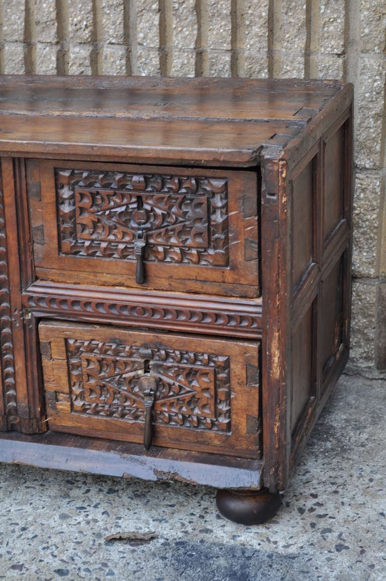 Spanish Colonial 19th C. Spanish Revival Heavily Distressed Carved & Dovetailed Console / Credenza