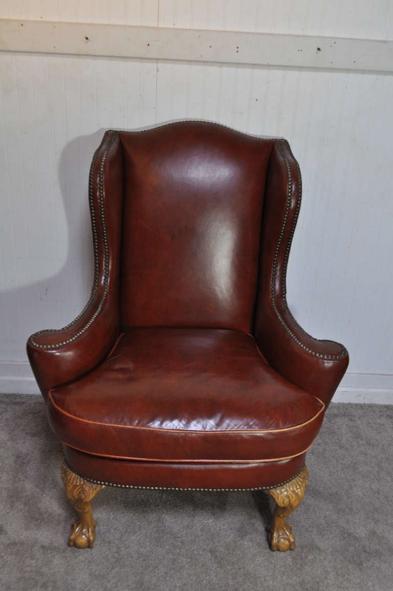 Chesterfield Superior 20th C. Brown Leather Ball and Claw Foot Wing Back Library Armchair with Nailhead Trim