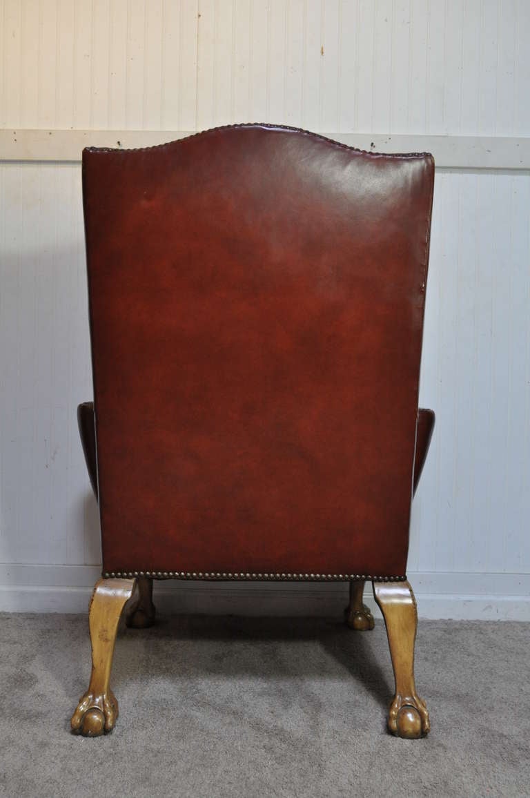 20th Century Superior 20th C. Brown Leather Ball and Claw Foot Wing Back Library Armchair with Nailhead Trim