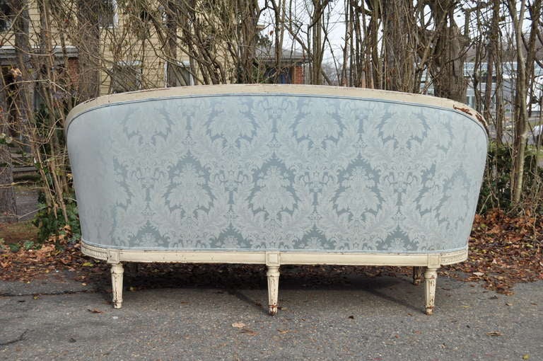 20th Century Fantastic French Louis XVI Style Distress Painted Ovoid Carved Sofa - Canape