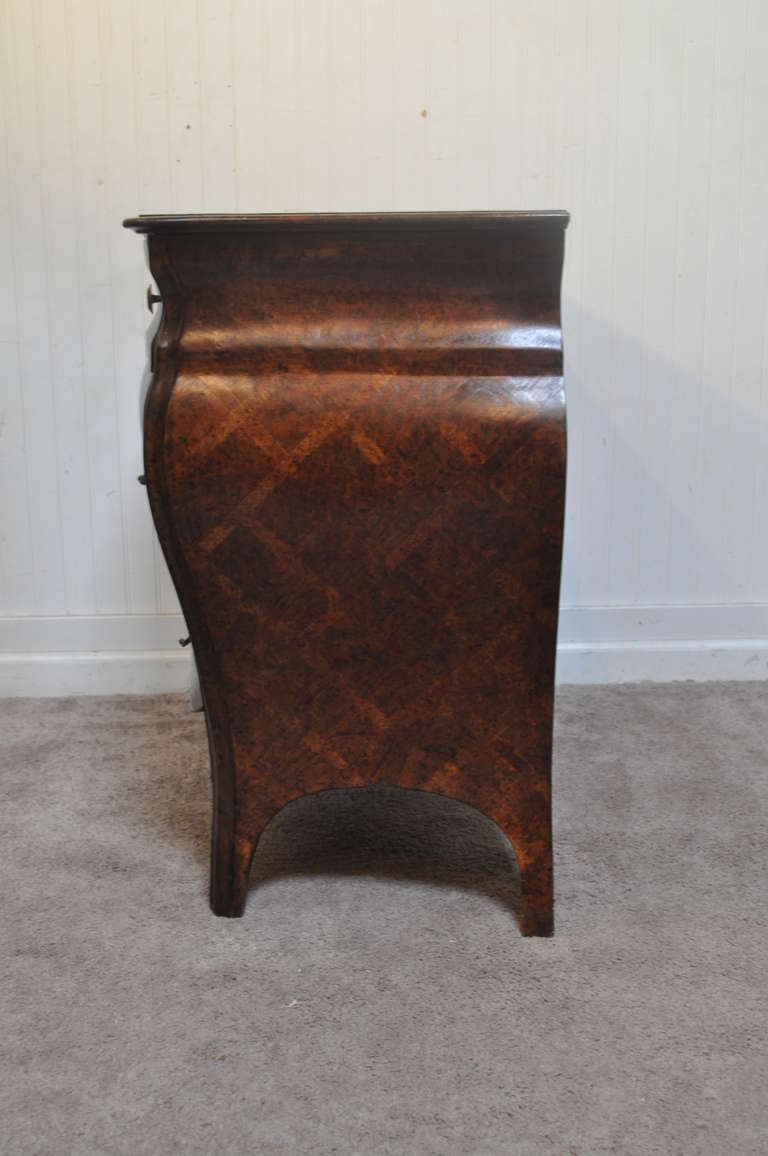 Wood Italian Parquetry French Louis XV Style Bombe 3 Drawer Commode or Chest