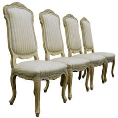 4 Carved Swedish Rococo or French Louis XV Style Painted Dining Chairs