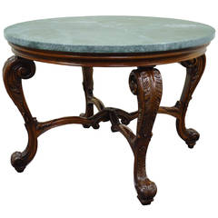 French Louis XV Style Carved Mahogany and Green Marble-Top Round Center Table 1
