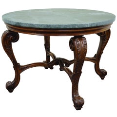 Vintage French Louis XV Style Carved Mahogany and Green Marble-Top Round Center Table