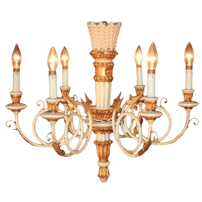 1950s Carved Giltwood Italian Neoclassical Style Gold and White Arrow Chandelier For Sale