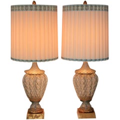 Retro Large Pair of Blue Murano Crystal Glass Table Lamps by Marbro Hollywood Regency