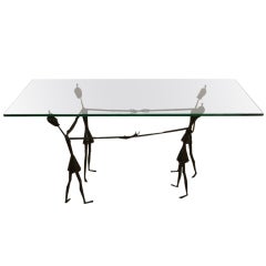 Giacometti Style Wrought Iron Figural Glass Top Cocktail Table