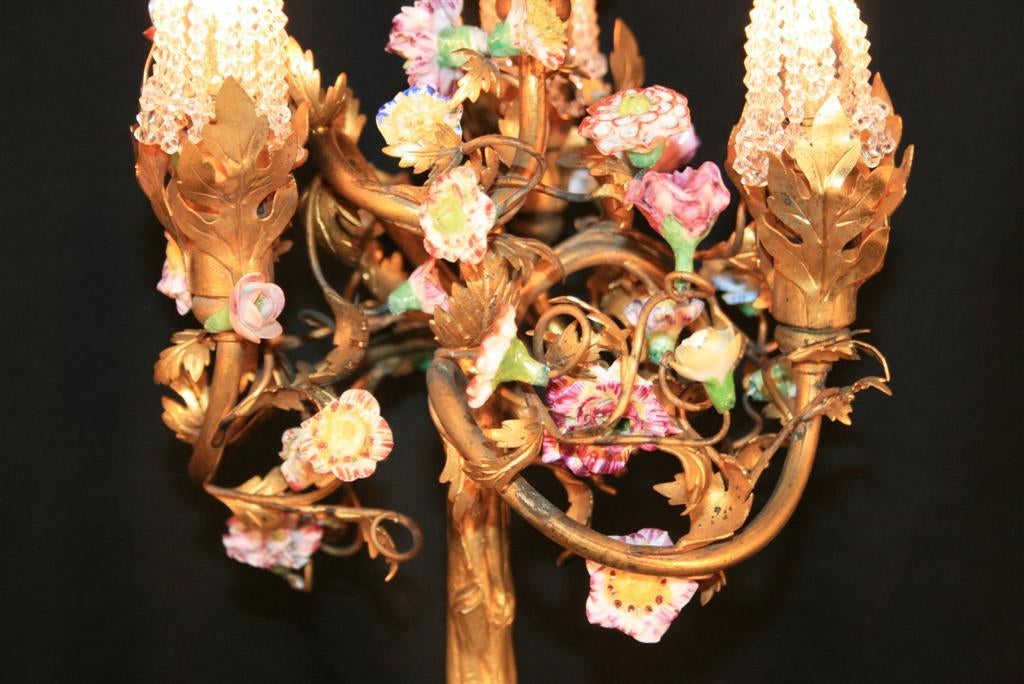 Mid-20th Century French Bronze & Porcelain Flower Figural Boudoir Tree Lamp