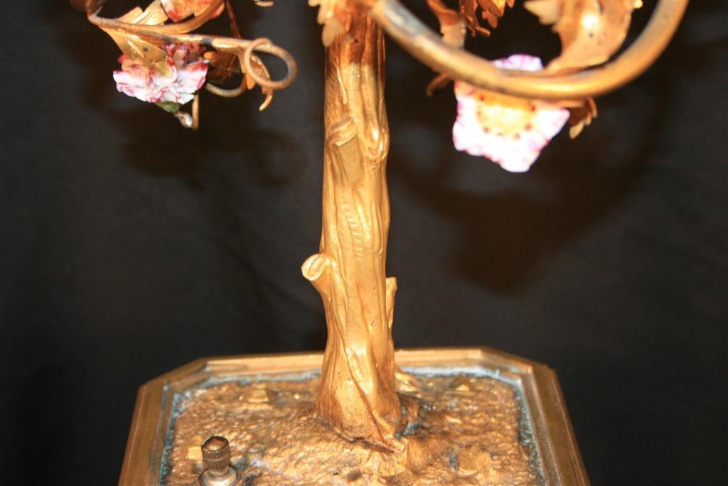 French Bronze & Porcelain Flower Figural Boudoir Tree Lamp 1
