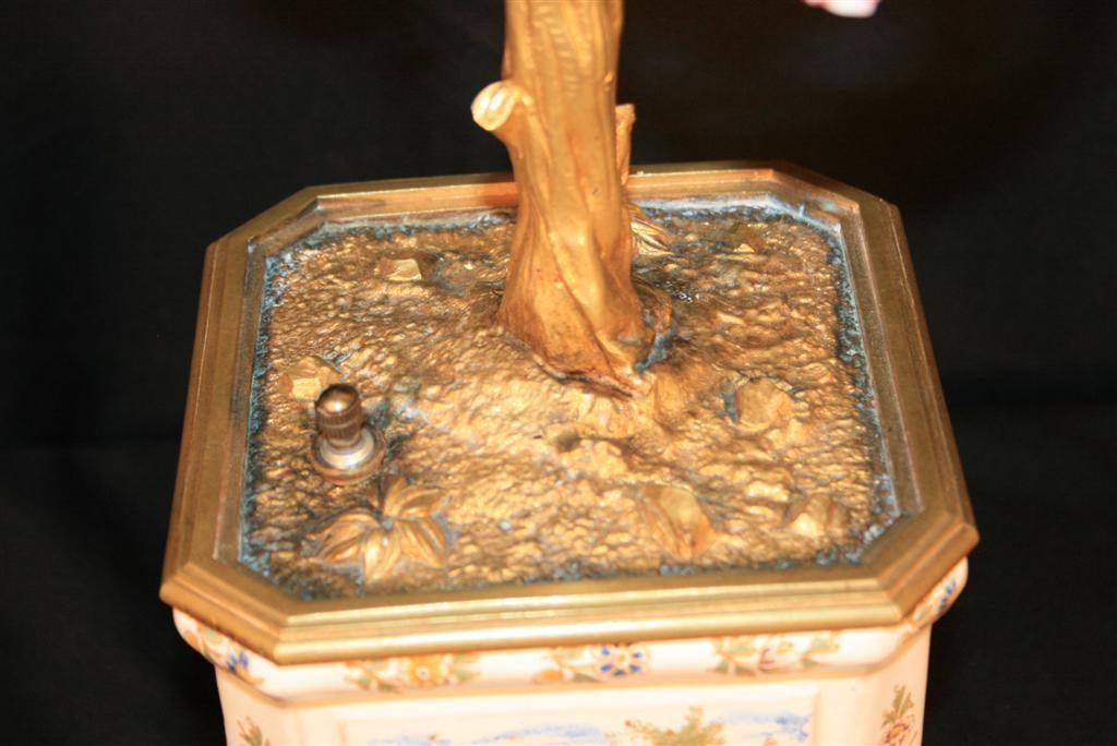 French Bronze & Porcelain Flower Figural Boudoir Tree Lamp 2