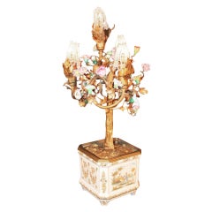 French Bronze & Porcelain Flower Figural Boudoir Tree Lamp