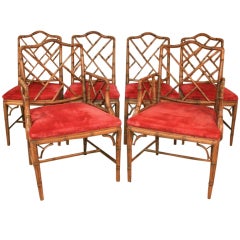 Vintage Set of 6 Hollywood Regency Faux Bamboo Dining Chairs w/ 2 Arms