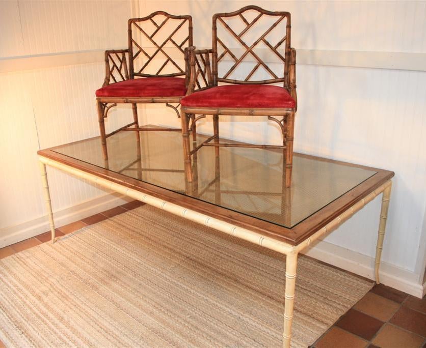 Vintage 84 Inch Hollywood Regency Faux Bamboo Dining Table