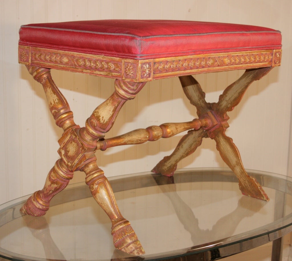 Italian Neoclassical Carved Wood Hoof Foot X-Form Bench Pink Distress Painted 4