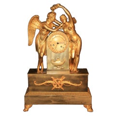 Antique 19th Century French Empire Gilt Dore Bronze Figural Amour & Psyche Mantel Clock