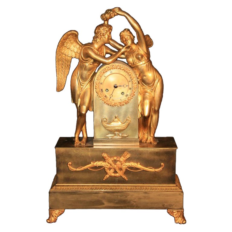 19th Century French Empire Gilt Dore Bronze Figural Amour & Psyche Mantel Clock