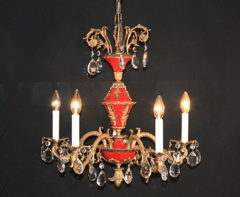 Vintage 1940's French Empire Style Red Tole Metal Brass Chandelier 5