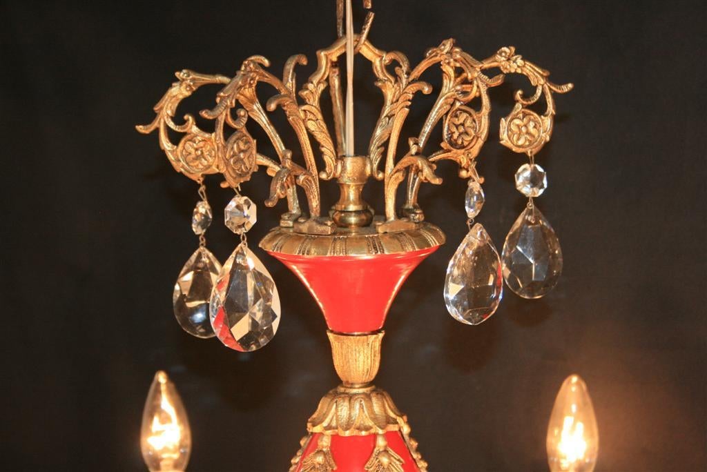 Spanish Vintage 1940's French Empire Style Red Tole Metal Brass Chandelier