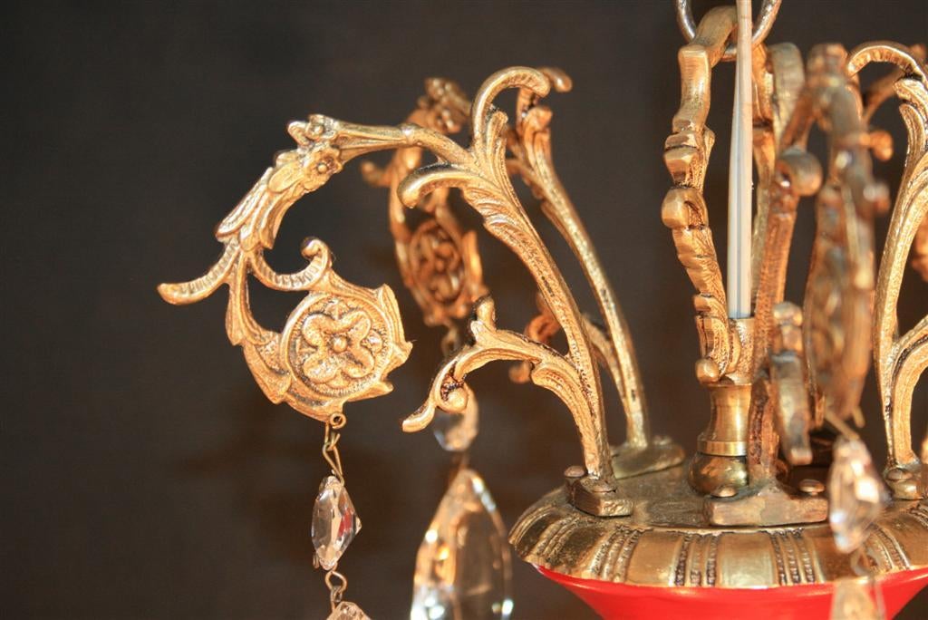 Vintage 1940's French Empire Style Red Tole Metal Brass Chandelier In Excellent Condition In Philadelphia, PA