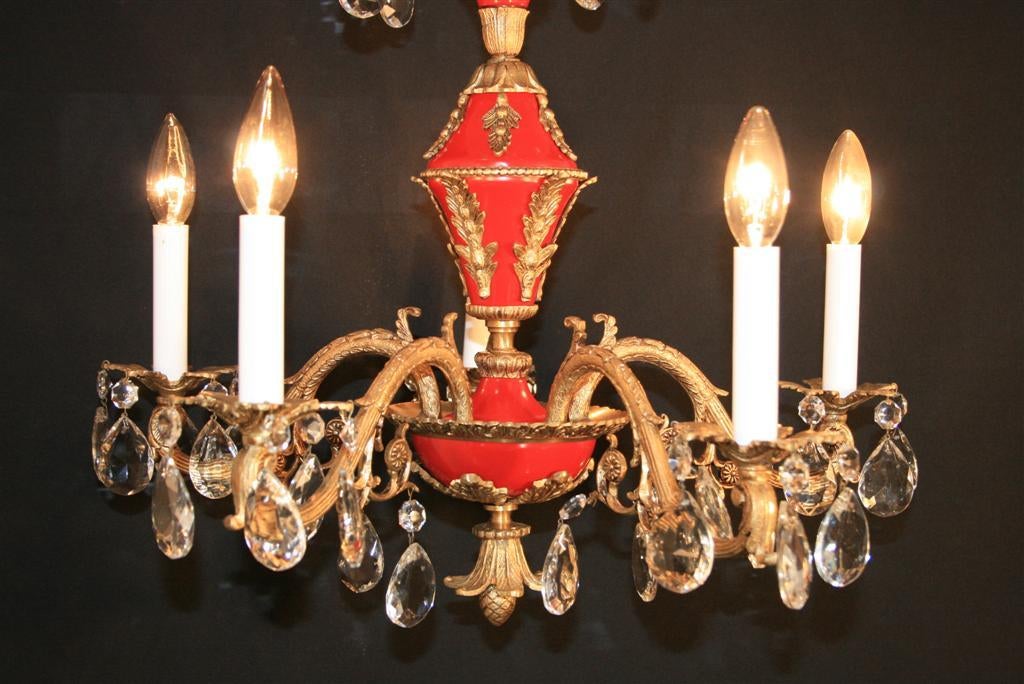 Vintage 1940's French Empire Style Red Tole Metal Brass Chandelier 1