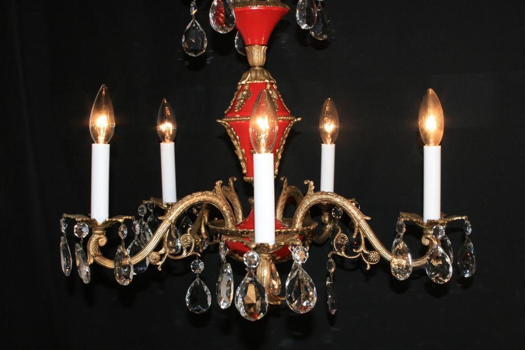 Vintage 1940's French Empire Style Red Tole Metal Brass Chandelier 2