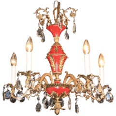 Vintage 1940's French Empire Style Red Tole Metal Brass Chandelier